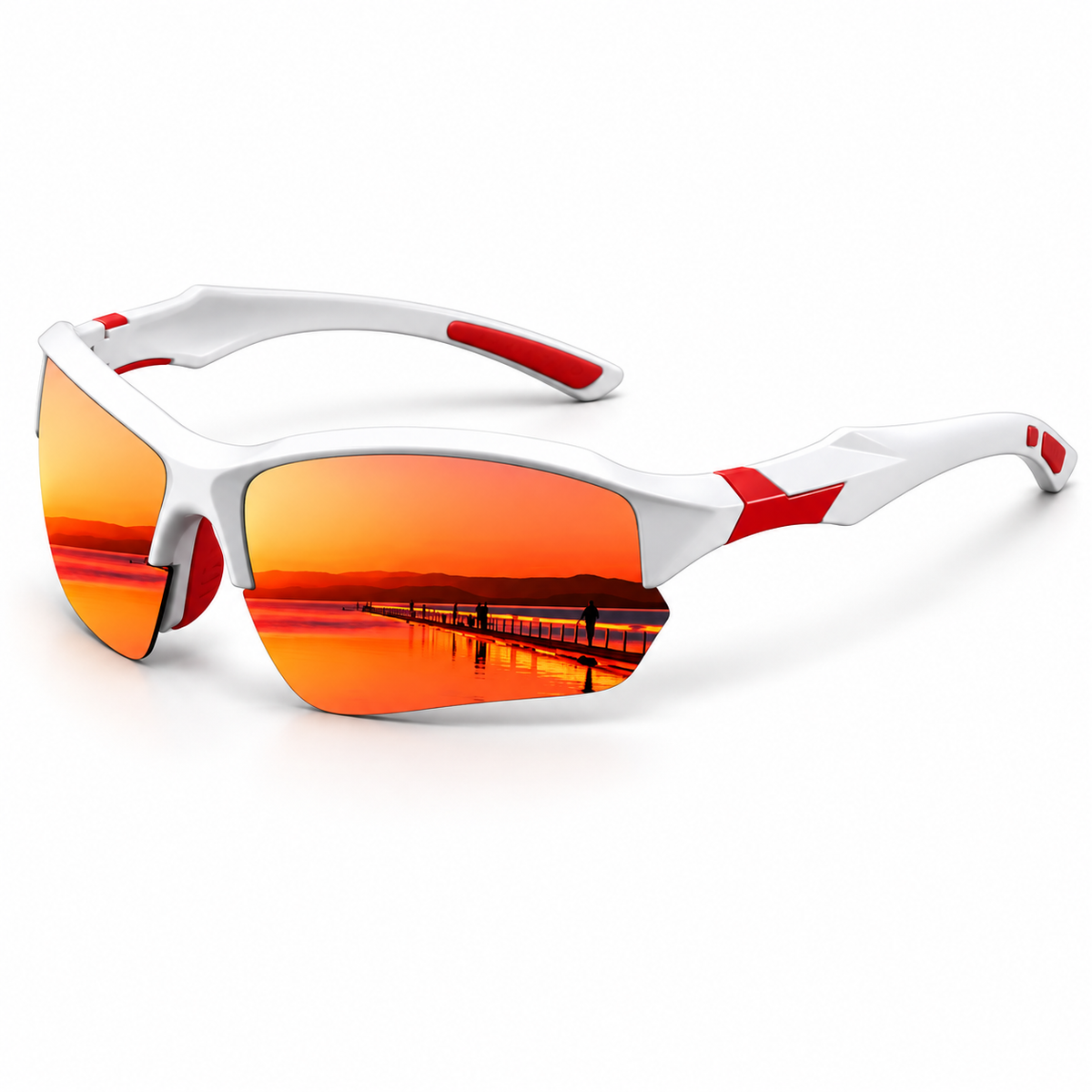 Yukimiya-inspired white and red glasses with orange sunset mirrored-look lenses